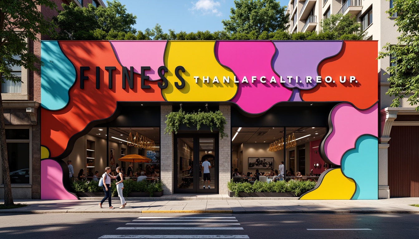 Prompt: Vibrant fitness club facade, bold color blocking, irregular shapes, fragmented forms, playful typography, neon lights, metallic accents, reflective surfaces, dynamic curves, abstract patterns, urban cityscape, bustling streets, morning sunlight, shallow depth of field, 1/1 composition, realistic textures, ambient occlusion.