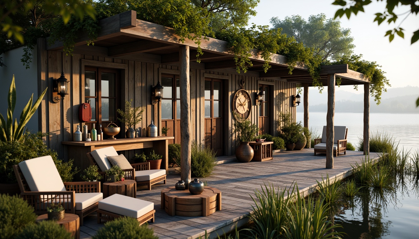 Prompt: Whimsical boathouse, eclectic facade, distressed wood textures, vintage nautical elements, rusty metal accents, colorful glass bottles, woven wicker furniture, lush greenery, overgrown vegetation, waterfront location, serene lake views, misty morning atmosphere, soft warm lighting, shallow depth of field, 1/1 composition, realistic reflections, ambient occlusion.