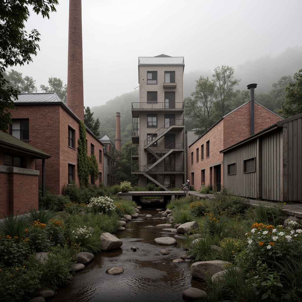 Prompt: Industrial factory complex, rustic brick buildings, corrugated metal roofs, worn concrete walls, vintage machinery, abandoned chimneys, overgrown vegetation, wildflowers, meandering streams, misty atmosphere, soft warm lighting, shallow depth of field, 3/4 composition, panoramic view, realistic textures, ambient occlusion, regionalism-inspired architecture, modern industrial design, functional spaces, exposed ductwork, metal catwalks, reclaimed wood accents, earthy color palette, natural stone pathways, weathered steel bridges.