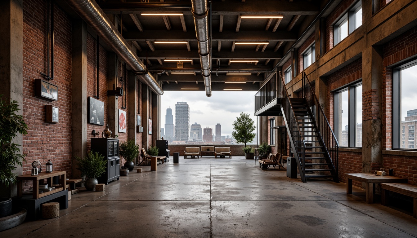 Prompt: Rustic industrial warehouse, exposed brick walls, metal beams, reclaimed wood accents, vintage machinery, distressed concrete floors, urban cityscape, cloudy grey sky, dramatic warm lighting, shallow depth of field, 1/1 composition, realistic textures, ambient occlusion, functional pipes, industrial-style lamps, metallic staircases, minimalist decor, modern urban living, converted loft spaces.