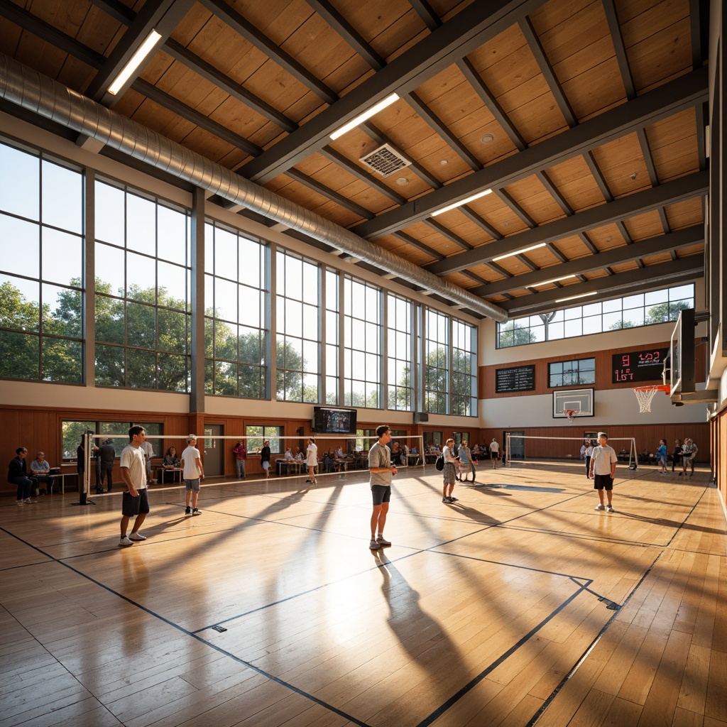 Prompt: Modern gymnasium interior, wooden flooring, sound-absorbing panels, acoustic ceiling tiles, reverberation reduction systems, echo-minimizing design, natural ventilation, large windows, abundant daylight, athletic equipment, basketball hoops, volleyball nets, spectator seating, scoreboards, electronic displays, warm color scheme, soft indirect lighting, shallow depth of field, 1/2 composition, realistic textures, ambient occlusion.