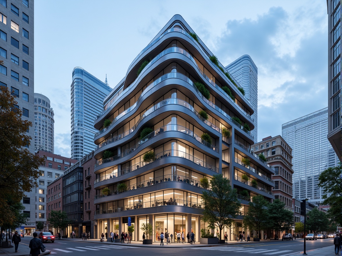 Prompt: Curved building facade, metallic materials, polished chrome accents, horizontal lines, rounded corners, minimalist ornamentation, large glass windows, sliding doors, cantilevered balconies, urban cityscape, busy streets, modern skyscrapers, cloudy blue sky, soft natural light, shallow depth of field, 2/3 composition, symmetrical framing, high-contrast lighting, detailed textures, ambient occlusion.