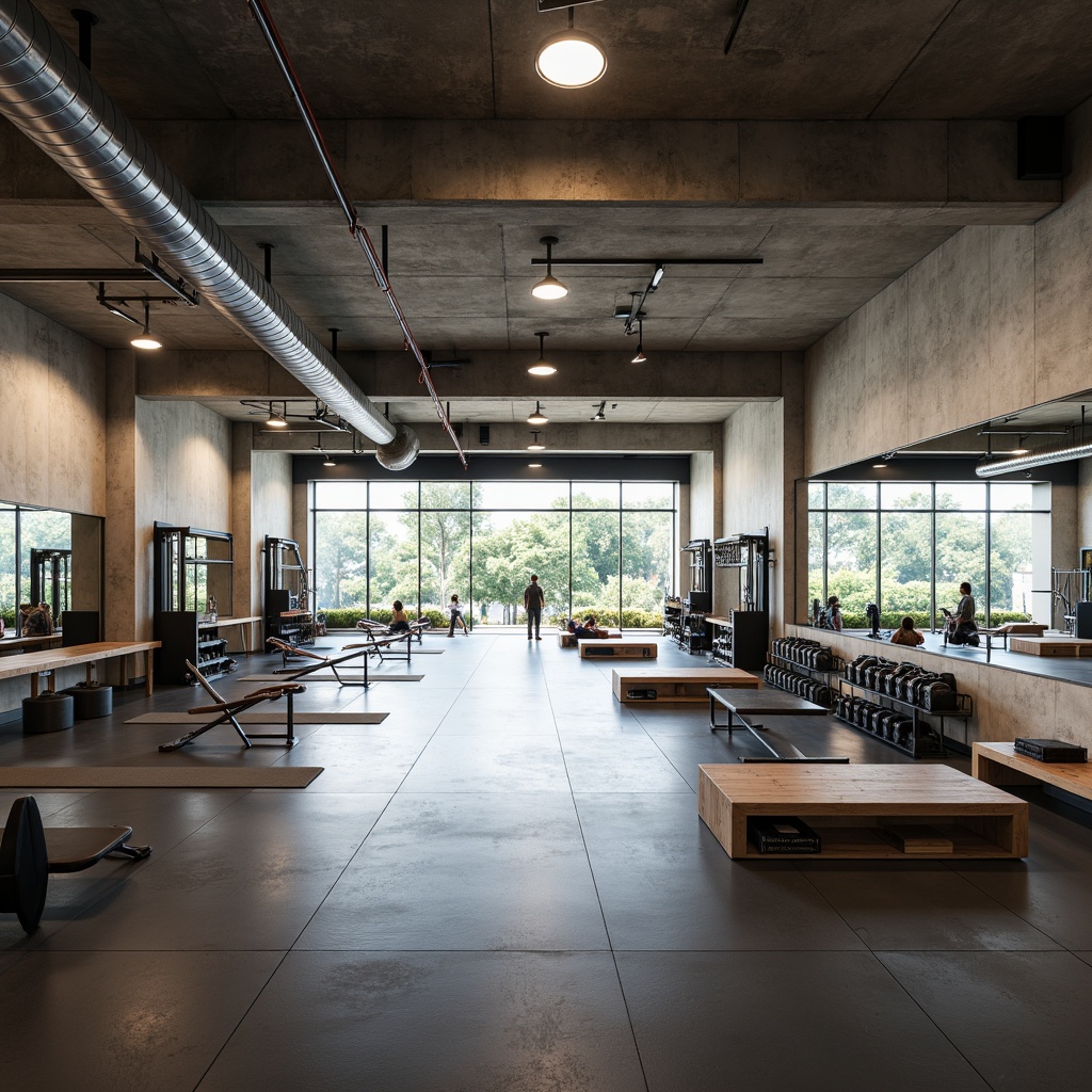 Prompt: Minimalist gym interior, industrial-style flooring, exposed ductwork, concrete walls, steel beams, functional lighting, sleek equipment stations, mirrored walls, polished metal accents, modern fitness machines, free weights area, yoga mats, wooden benches, natural stone accents, abundant natural light, high ceilings, open spaces, 1/1 composition, softbox lighting, realistic textures, ambient occlusion.