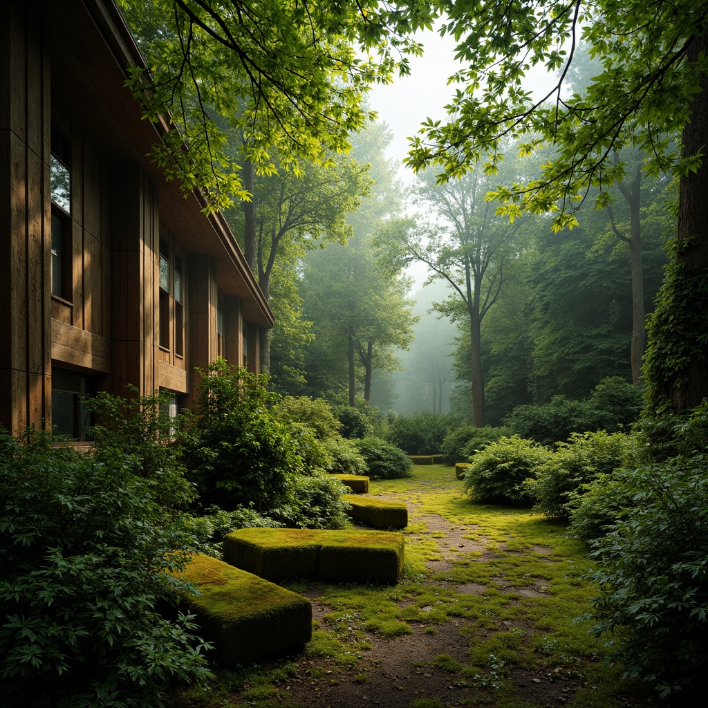 Prompt: Mossy forest floor, lush greenery, misty atmosphere, natural stone walls, wooden accents, earthy scent, soft warm lighting, shallow depth of field, 3/4 composition, panoramic view, realistic textures, ambient occlusion, serene ambiance, moss-covered trees, vibrant ferns, rustic wooden benches, winding forest paths, foggy morning, gentle sunlight filtering through leaves.