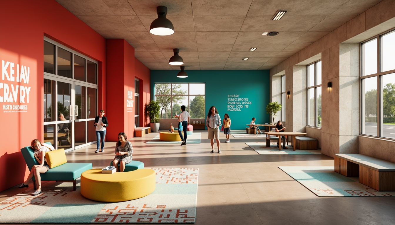 Prompt: Vibrant youth center, energetic atmosphere, bold color scheme, bright coral walls, lively turquoise accents, warm beige floors, modern minimalist furniture, sleek metal fixtures, playful patterned rugs, inspirational quotes, natural light pouring in, large windows, open spaces, collaborative zones, cozy reading nooks, dynamic lighting, 1/1 composition, shallow depth of field, realistic textures.