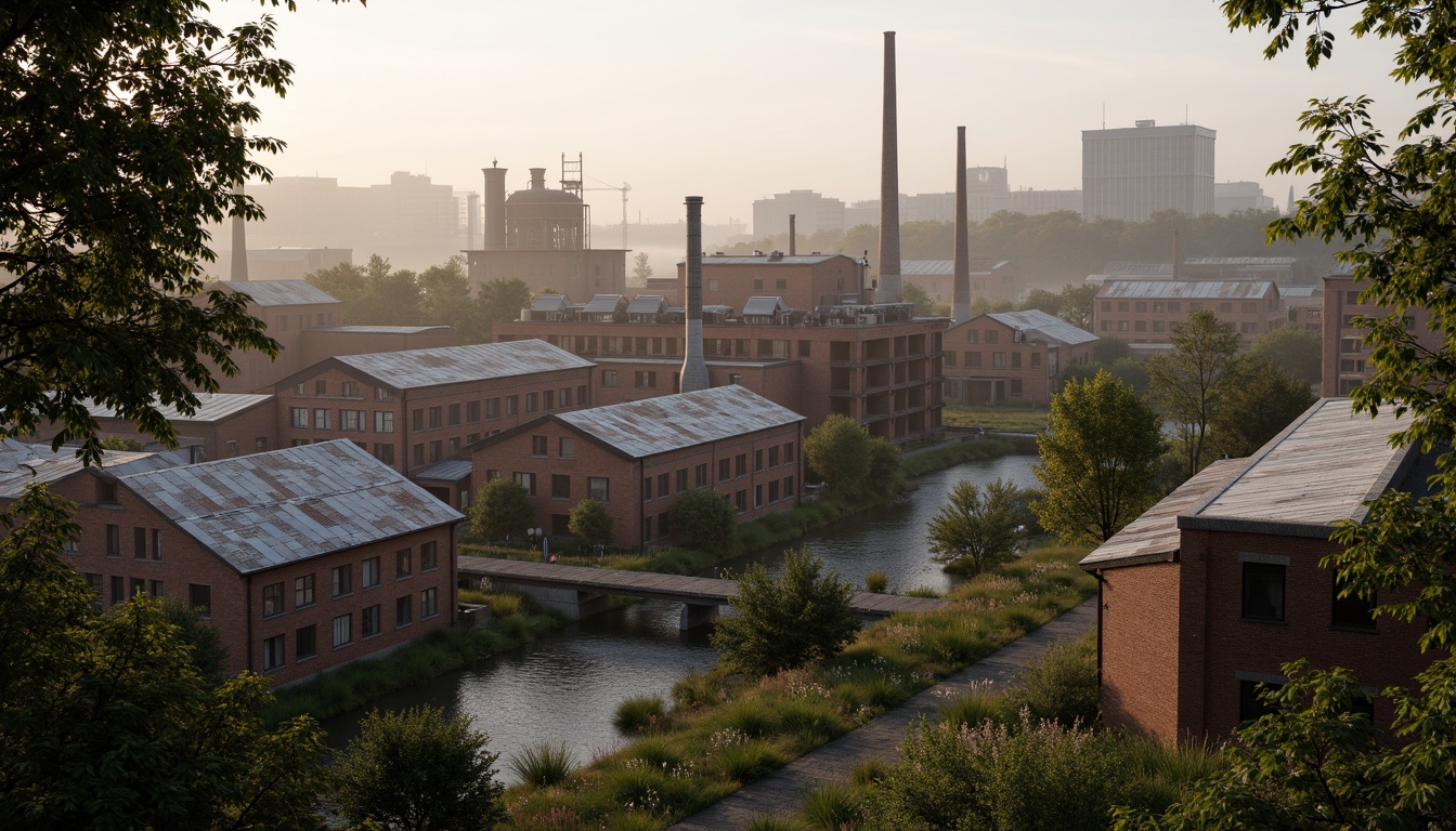 Prompt: Industrial factory complex, rustic brick buildings, corrugated metal roofs, worn concrete walls, vintage machinery, abandoned chimneys, overgrown vegetation, wildflowers, meandering streams, misty atmosphere, soft warm lighting, shallow depth of field, 3/4 composition, panoramic view, realistic textures, ambient occlusion, regionalism-inspired architecture, modern industrial design, functional spaces, exposed ductwork, metal catwalks, reclaimed wood accents, earthy color palette, natural stone pathways, weathered steel bridges.