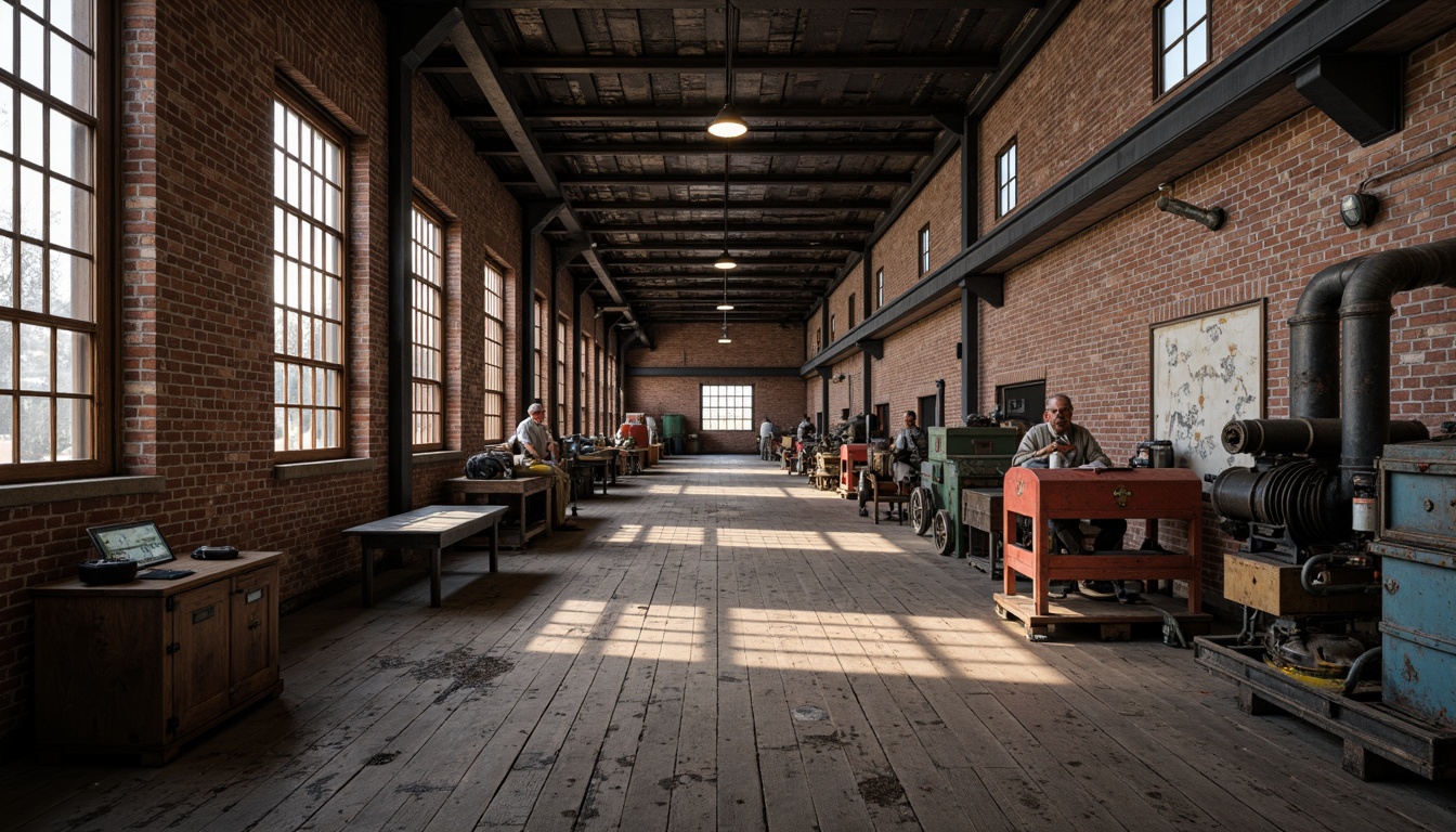 Prompt: Industrial factory setting, exposed brick walls, metal beams, worn wooden floors, vintage machinery, distressed textures, earthy tones, muted colors, rusty reds, weathered blues, faded yellows, industrial greys, urban atmosphere, gritty realism, high contrast lighting, dramatic shadows, cinematic composition, 1/2 camera angle, realistic renderings, ambient occlusion.