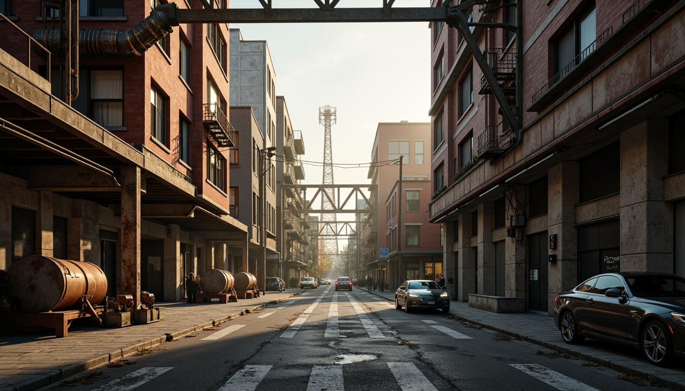 Prompt: Industrial landscape, rugged concrete roads, metallic buildings, exposed ductwork, steel beams, industrial pipes, mechanical equipment, urban cityscape, misty atmosphere, warm golden lighting, shallow depth of field, 2/3 composition, realistic textures, ambient occlusion, muted color palette, earthy tones, rusty reds, deep blues, weathered wood accents, distressed metal finishes, functional design elements.