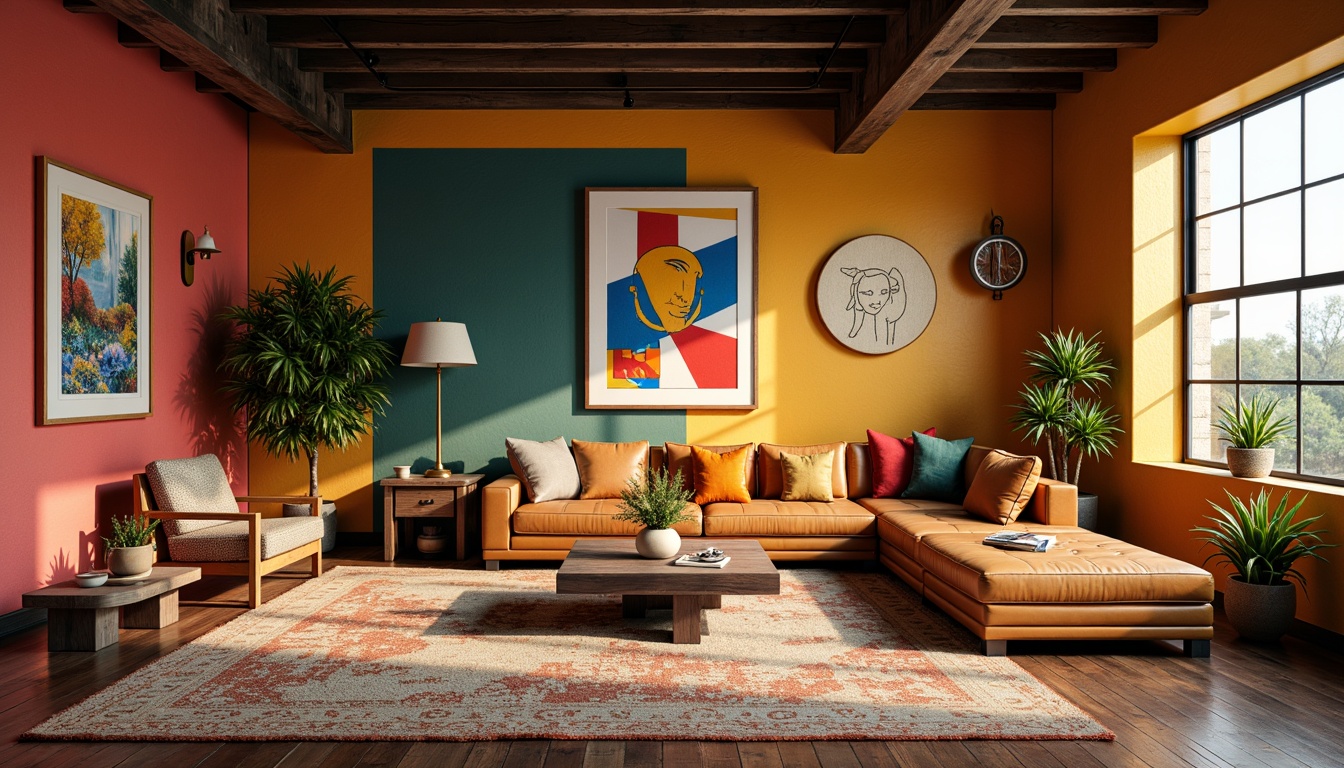 Prompt: Vibrant artistic studio, eclectic furniture, bold color blocking, contrasting textures, abstract artwork, statement lighting fixtures, industrial metal accents, reclaimed wood floors, bohemian-inspired rugs, natural fiber textiles, earthy tone ceramics, warm golden lighting, shallow depth of field, 1/1 composition, realistic renderings, ambient occlusion.