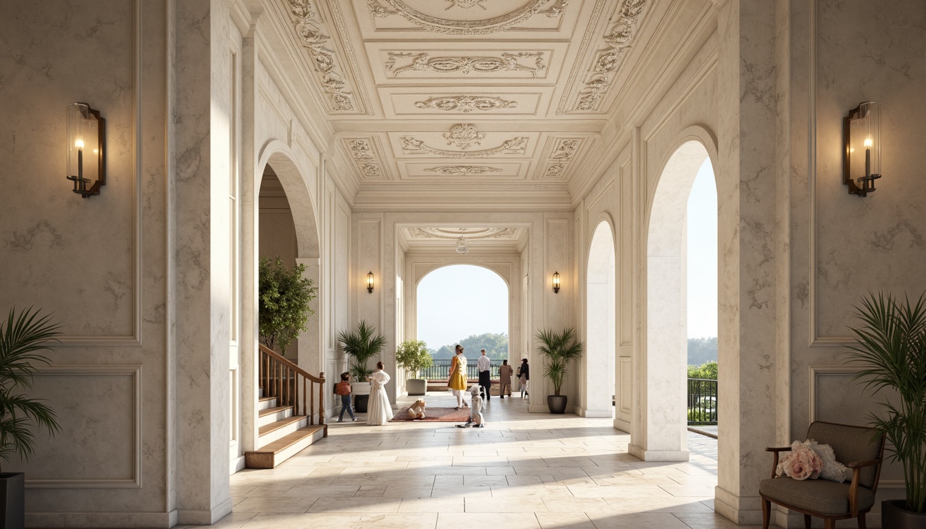 Prompt: Ornate plaster ceilings, decorative moldings, smooth white finishes, textured surfaces, rustic stone walls, classical architectural details, grand entrance halls, sweeping staircases, luxurious interior design, soft warm lighting, shallow depth of field, 3/4 composition, realistic textures, ambient occlusion.