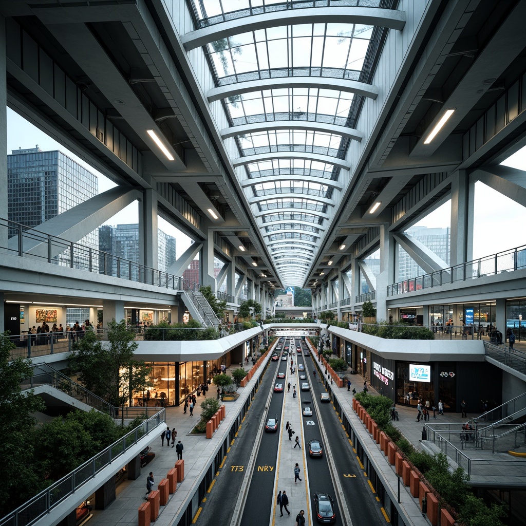 Prompt: Futuristic transportation hub, curved metallic structures, dynamic LED lighting, sleek glass fa\u00e7ades, angular steel beams, cantilevered roofs, elevated walkways, bustling pedestrian zones, vibrant urban landscapes, morning rush hour atmosphere, soft natural light, shallow depth of field, 1/2 composition, panoramic view, realistic reflections, ambient occlusion, intricate network patterns, high-tech materials, sustainable energy systems, green roofs, innovative ventilation technologies.