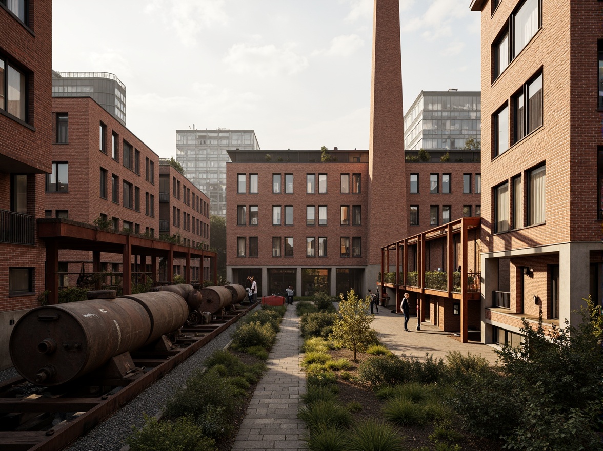 Prompt: Industrial heritage site, exposed brick buildings, rusty metal structures, reclaimed wood accents, vintage factory equipment, urban renewal, mixed-use development, adaptive reuse, modern amenities, sleek glass facades, corten steel cladding, brutalist architecture, post-industrial landscape, overgrown vegetation, abandoned machinery, nostalgic atmosphere, warm golden lighting, shallow depth of field, 2/3 composition, realistic textures, ambient occlusion.