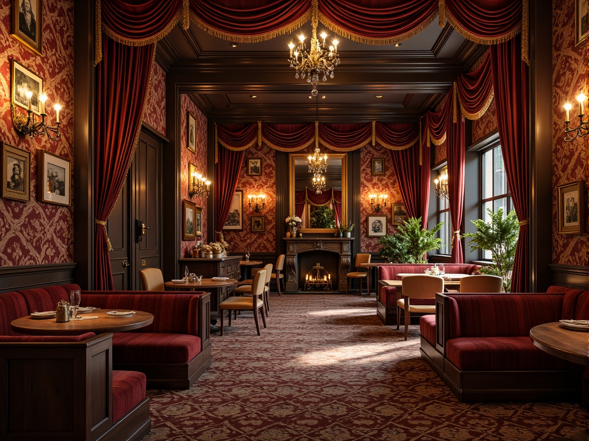 Prompt: Luxurious coffee shop interior, rich velvet fabrics, ornate golden frames, intricate brocade patterns, heavy drapery, lavish silk upholstery, antique wooden furniture, ornamental metalwork, crystal chandeliers, warm candlelight, soft focus, shallow depth of field, 1/2 composition, realistic textures, ambient occlusion.