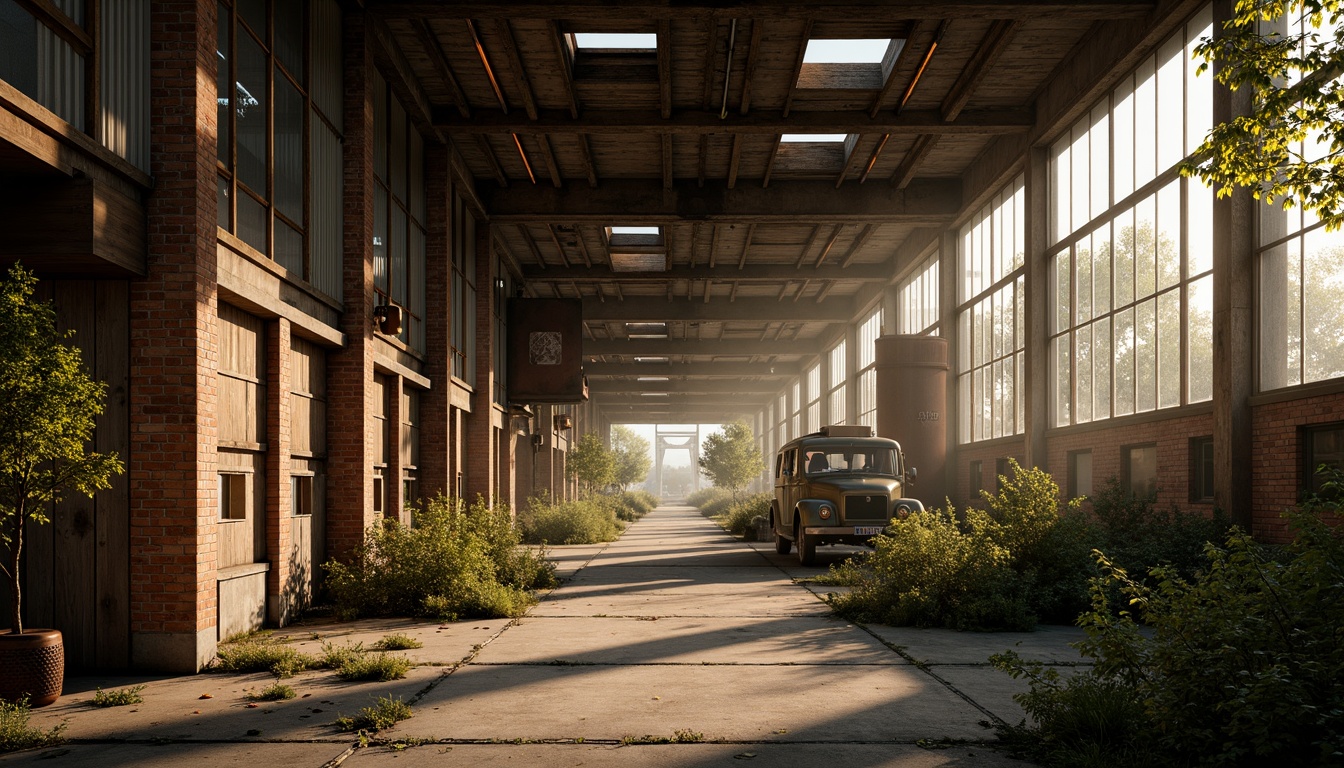 Prompt: Rustic industrial landscape, abandoned factories, distressed brick walls, corrugated metal roofs, worn wooden beams, vintage machinery, urban decay, overgrown vegetation, gritty urban atmosphere, warm golden lighting, shallow depth of field, 1/2 composition, cinematic view, realistic textures, ambient occlusion, nostalgic mood, retro-futuristic elements, exposed ductwork, concrete floors, steel columns, reclaimed wood accents, industrial chic aesthetic.