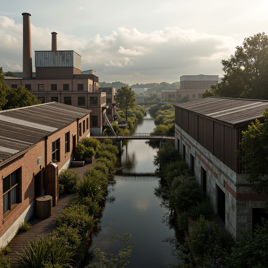 Prompt: Industrial factory complex, rustic brick buildings, corrugated metal roofs, worn concrete walls, vintage machinery, abandoned chimneys, overgrown vegetation, wildflowers, meandering streams, misty atmosphere, soft warm lighting, shallow depth of field, 3/4 composition, panoramic view, realistic textures, ambient occlusion, regionalist architectural style, functional simplicity, earthy color palette, distressed finishes, reclaimed wood accents, metal cladding, industrial heritage, nostalgic ambiance.