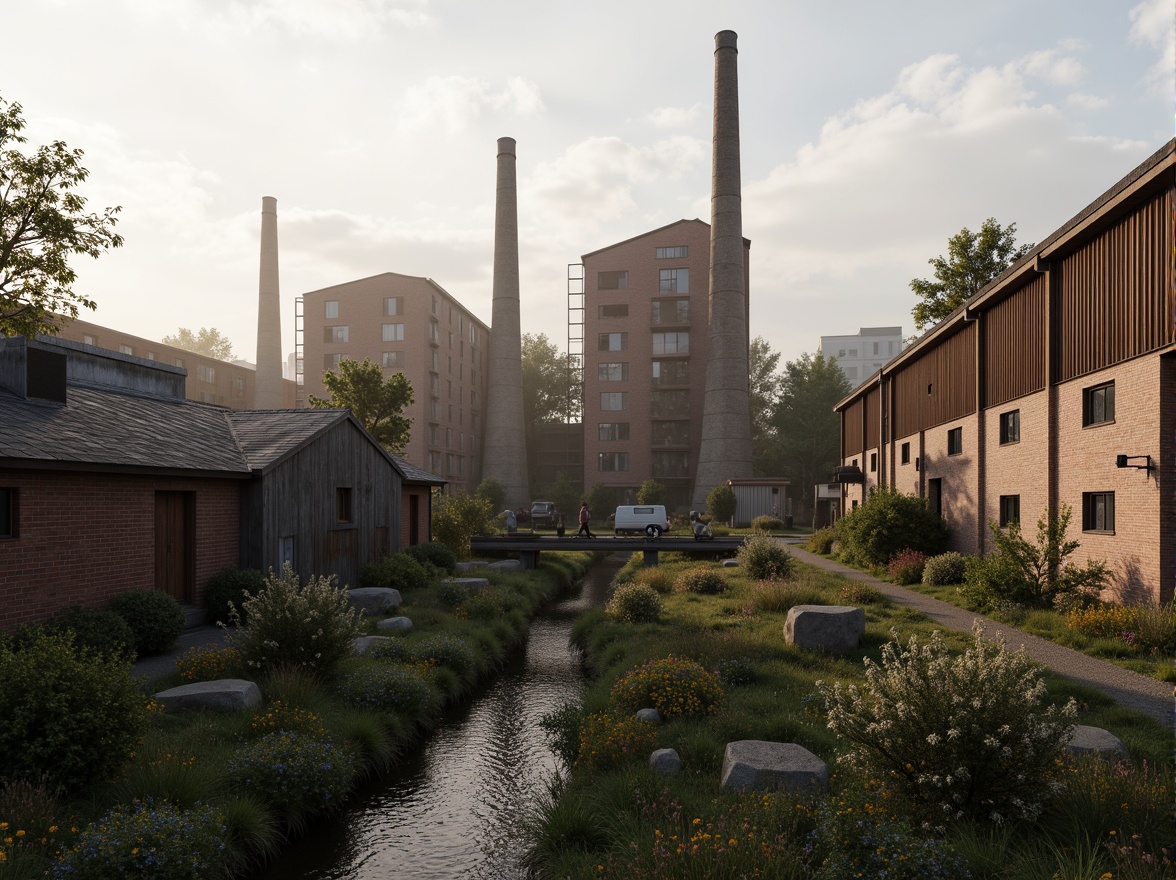 Prompt: Industrial factory complex, rustic brick buildings, corrugated metal roofs, worn concrete walls, vintage machinery, abandoned chimneys, overgrown vegetation, wildflowers, meandering streams, misty atmosphere, soft warm lighting, shallow depth of field, 3/4 composition, panoramic view, realistic textures, ambient occlusion, regionalist architectural style, functional simplicity, earthy color palette, distressed finishes, reclaimed wood accents, metal cladding, industrial heritage, nostalgic ambiance.