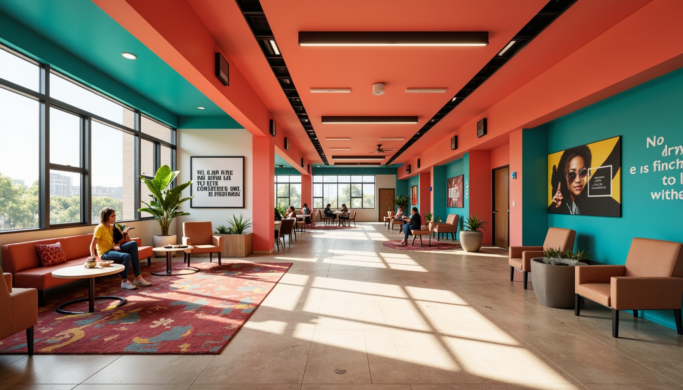 Prompt: Vibrant youth center, energetic atmosphere, bold color scheme, bright coral walls, lively turquoise accents, warm beige floors, modern minimalist furniture, sleek metal fixtures, playful patterned rugs, inspirational quotes, natural light pouring in, large windows, open spaces, collaborative zones, cozy reading nooks, dynamic lighting, 1/1 composition, soft focus, realistic textures.