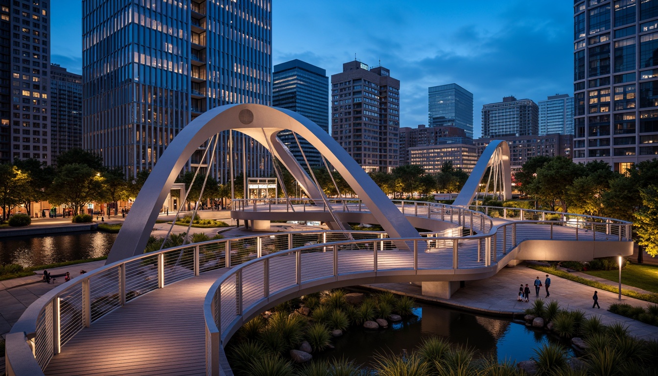 Prompt: Curved pedestrian bridge, sleek metal railings, wooden decking, modern urban landscape, city skyline, vibrant streetlights, bustling streets, dynamic structural elements, cantilevered sections, suspension cables, geometric shapes, minimalist design, functional lighting, safety features, accessible ramps, staircases, observation decks, panoramic views, realistic textures, ambient occlusion, shallow depth of field, 3/4 composition.