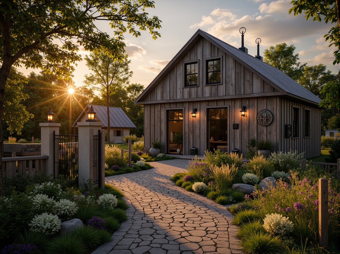 Prompt: Rustic barn, Art Deco accents, vintage metal decorations, lush greenery, wildflowers, meandering stone pathways, distressed wood fences, ornate iron gates, lantern-style outdoor lighting, warm golden sunsets, soft focus, shallow depth of field, 1/2 composition, symmetrical framing, natural textures, ambient occlusion.Please let me know if this meets your requirements!