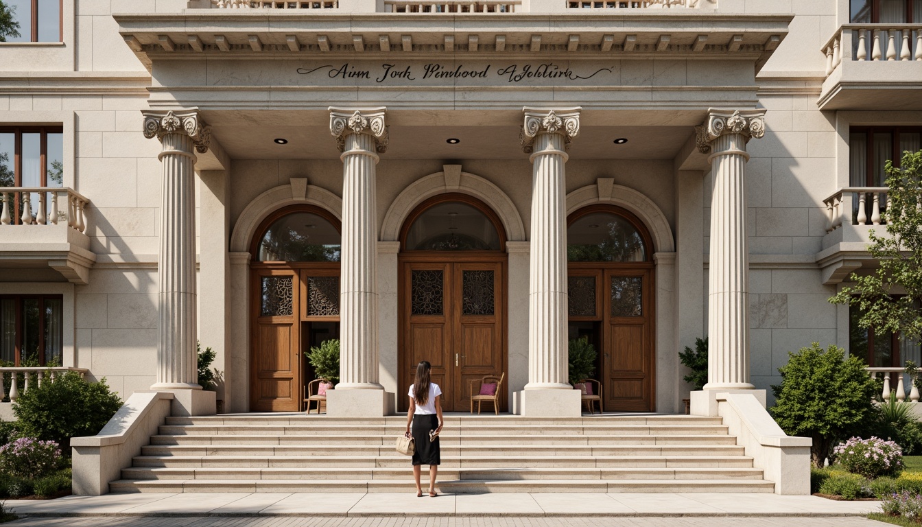 Prompt: Grandiose building facade, ornate columns, intricately carved details, symmetrical composition, classical proportions, limestone or marble materials, subtle color palette, soft natural light, warm afternoon ambiance, shallow depth of field, 2/3 composition, realistic textures, ambient occlusion, ornamental balustrades, decorative friezes, sculpted pediments, grand entranceways, sweeping staircases, elegant archways, refined moldings, luxurious ornamentation.