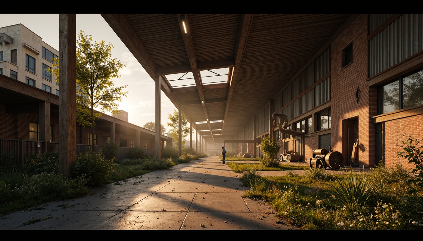 Prompt: Rustic industrial landscape, abandoned factories, distressed brick walls, corrugated metal roofs, worn wooden beams, vintage machinery, urban decay, overgrown vegetation, gritty urban atmosphere, warm golden lighting, shallow depth of field, 1/2 composition, cinematic view, realistic textures, ambient occlusion, nostalgic mood, retro-futuristic elements, exposed ductwork, concrete floors, steel columns, reclaimed wood accents, industrial chic aesthetic.