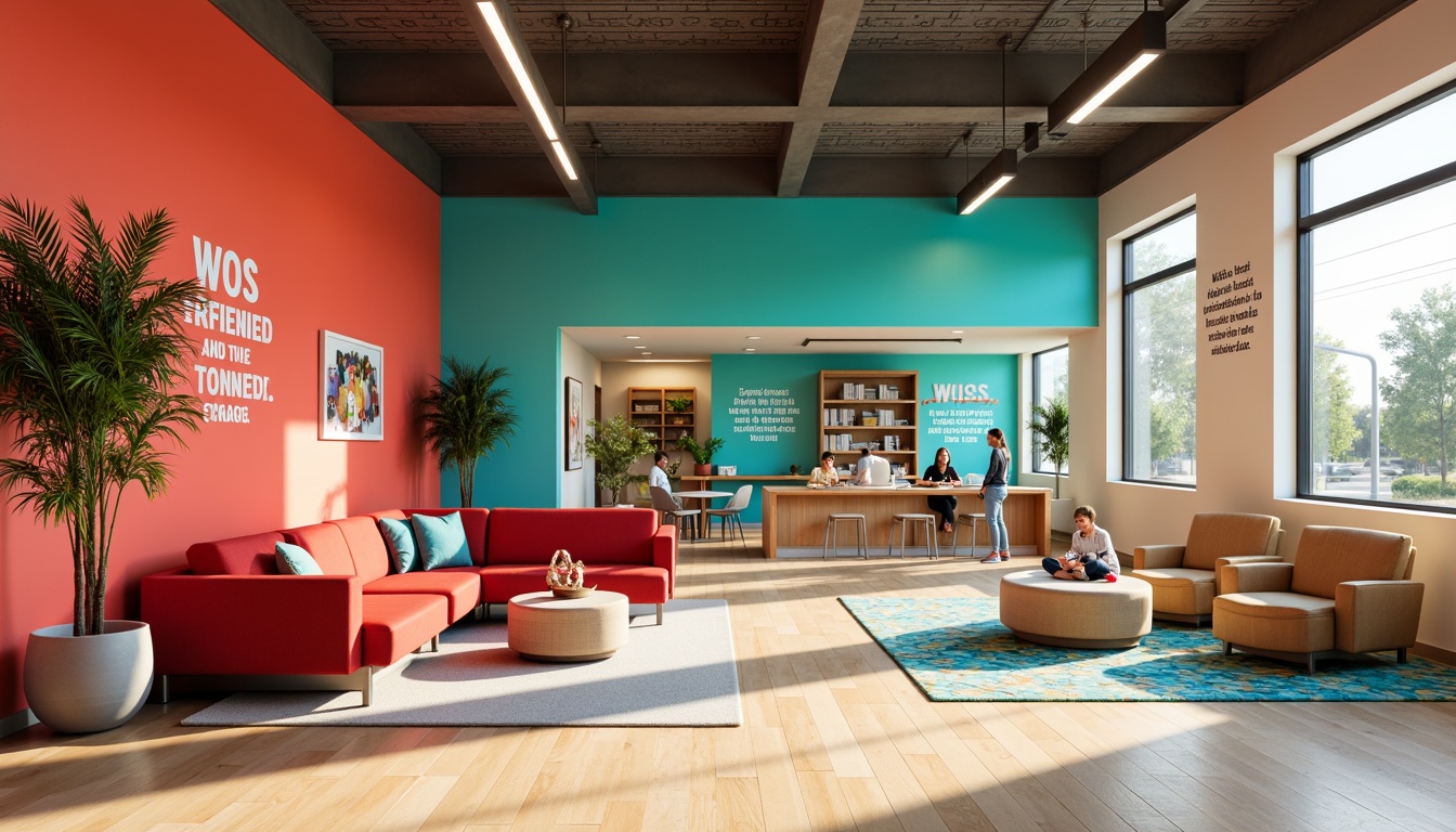 Prompt: Vibrant youth center, energetic atmosphere, bold color scheme, bright coral walls, lively turquoise accents, warm beige floors, modern minimalist furniture, sleek metal fixtures, playful patterned rugs, inspirational quotes, natural light pouring in, large windows, open spaces, collaborative zones, cozy reading nooks, dynamic lighting, 1/1 composition, soft focus, realistic textures.