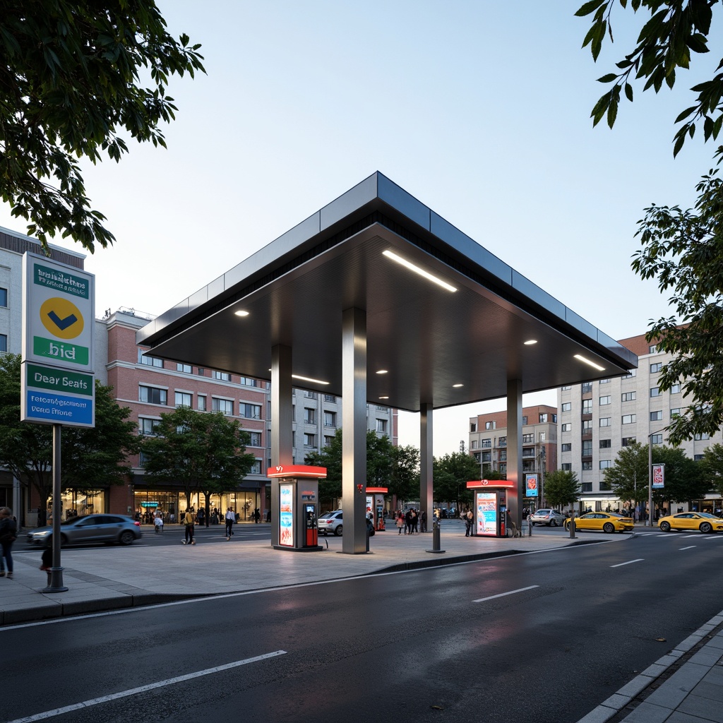 Prompt: Modern gas station, sleek canopy structure, minimalist design, angular lines, stainless steel beams, translucent roofing, natural ventilation, LED lighting, futuristic fuel pumps, digital signage, urban landscape, busy streets, morning sunlight, shallow depth of field, 1/1 composition, realistic textures, ambient occlusion.