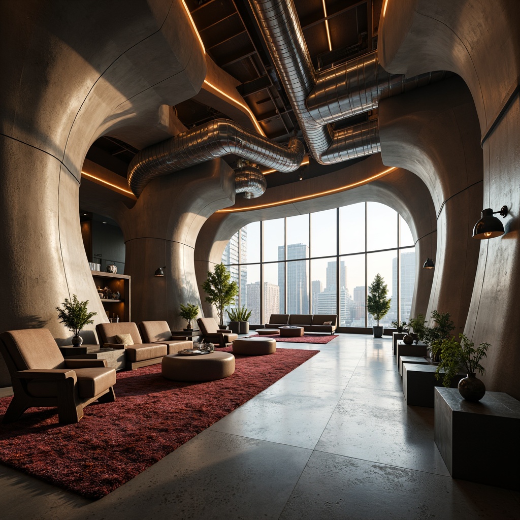 Prompt: Organic loft space, curvaceous blob-like structures, undulating walls, fluid shapes, futuristic architecture, metallic materials, polished chrome accents, neon-lit ambiance, atmospheric misting systems, soft warm lighting, shallow depth of field, 3/4 composition, panoramic view, realistic textures, ambient occlusion, urban cityscape, industrial heritage, converted warehouse, exposed ductwork, reclaimed wood flooring, minimalist decor, sleek low-profile furniture.