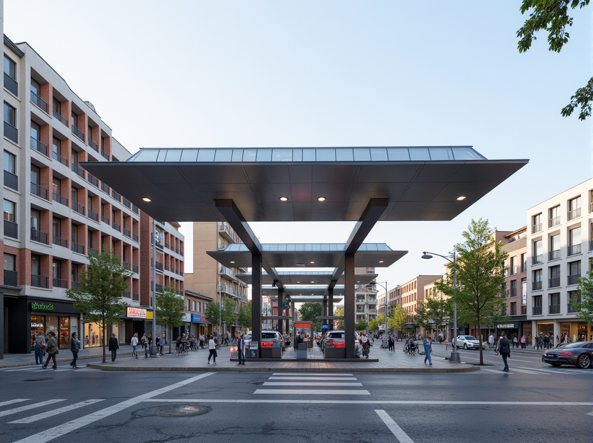 Prompt: Modern gas station, sleek canopy structure, minimalist design, angular lines, stainless steel beams, translucent roofing, natural ventilation, LED lighting, futuristic fuel pumps, digital signage, urban landscape, busy streets, morning sunlight, shallow depth of field, 1/1 composition, realistic textures, ambient occlusion.