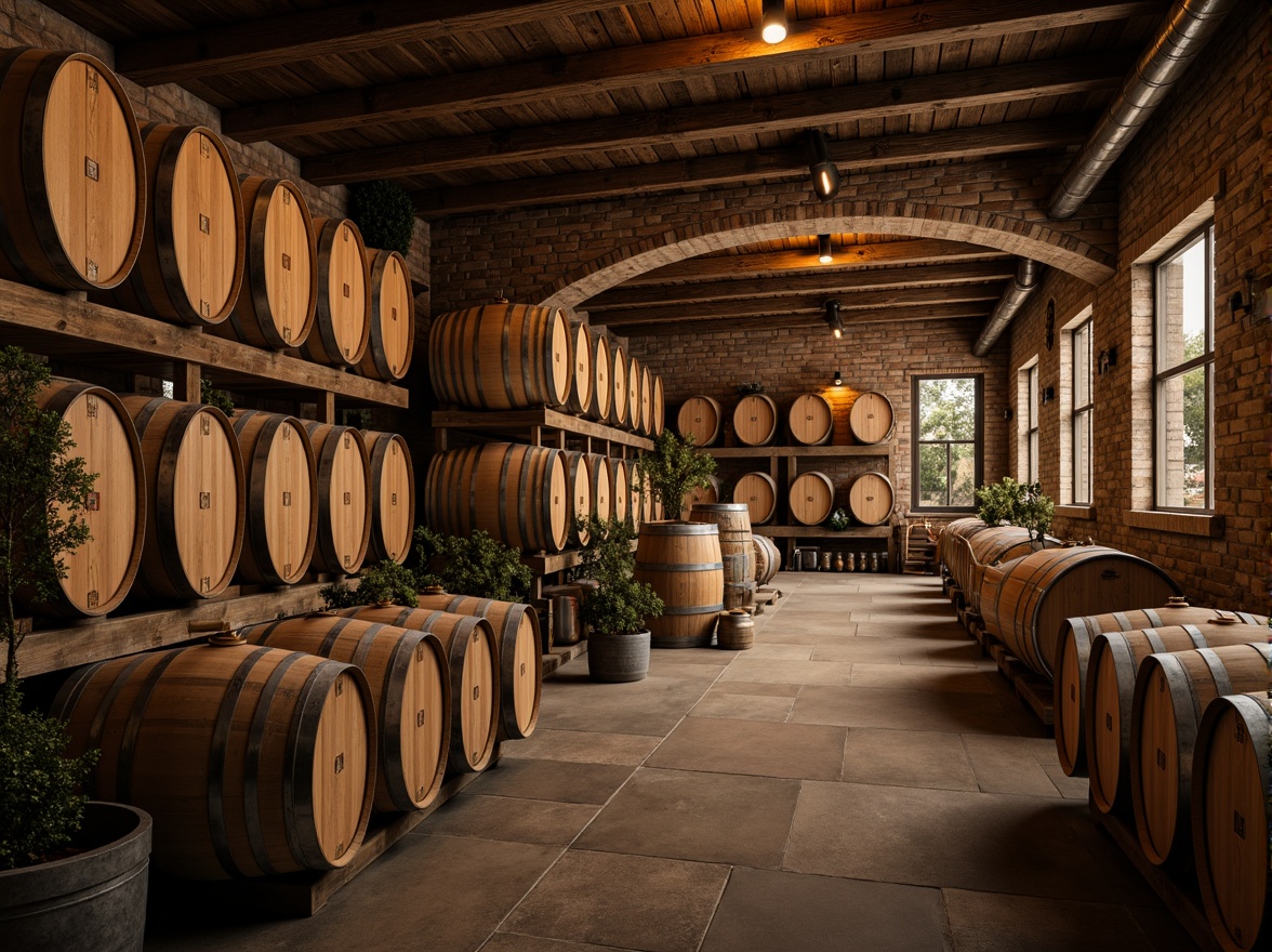 Prompt: Rustic winery, wooden barrels, stone walls, earthy tones, natural lighting, reclaimed wood accents, metal roofing, industrial chic decor, vintage wine-making equipment, exposed brick ceilings, wooden fermentation tanks, oak aging rooms, dim warm ambiance, soft golden lighting, shallow depth of field, 1/1 composition, realistic textures, ambient occlusion.