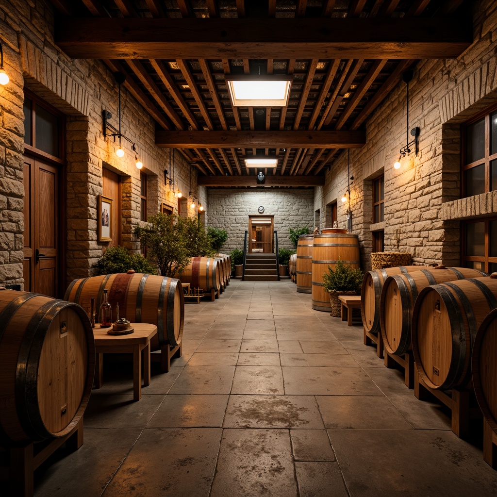 Prompt: Rustic winery, wooden barrels, stone walls, earthy tones, natural lighting, reclaimed wood accents, metal roofing, industrial chic decor, vintage wine-making equipment, exposed brick ceilings, wooden fermentation tanks, oak aging rooms, dim warm ambiance, soft golden lighting, shallow depth of field, 1/1 composition, realistic textures, ambient occlusion.