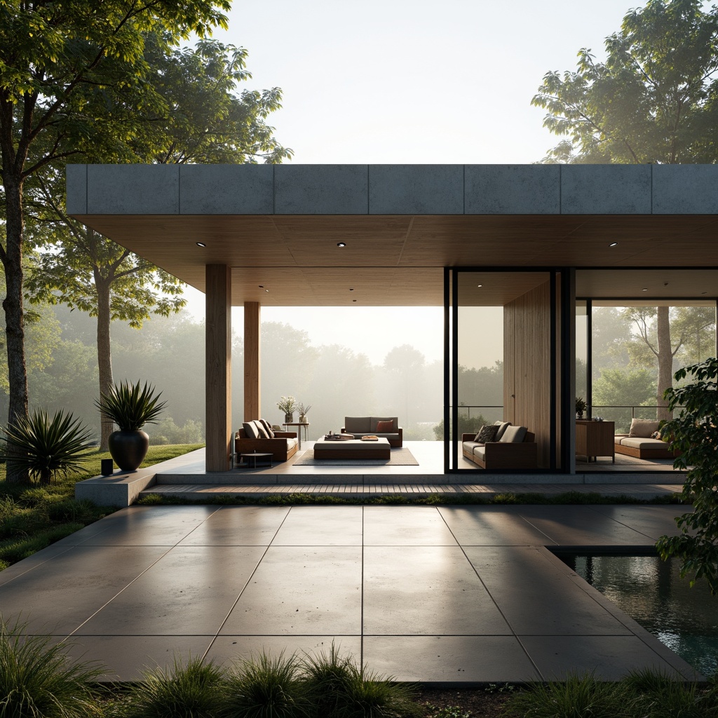 Prompt: Minimalist villa, open-plan living area, sleek lines, monochromatic color scheme, polished concrete floors, floor-to-ceiling windows, sliding glass doors, natural light pouring in, airy atmosphere, low-profile furniture, hidden storage spaces, green roof, surrounding lush vegetation, serene forest views, misty morning, soft warm lighting, shallow depth of field, 1/1 composition, realistic textures, ambient occlusion.