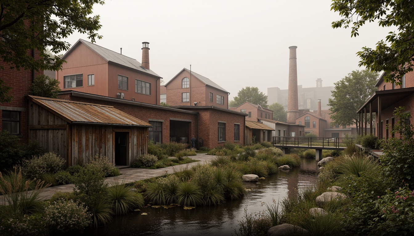 Prompt: Industrial factory complex, rustic brick buildings, corrugated metal roofs, worn concrete walls, vintage machinery, abandoned chimneys, overgrown vegetation, wildflowers, meandering streams, misty atmosphere, soft warm lighting, shallow depth of field, 3/4 composition, panoramic view, realistic textures, ambient occlusion, regionalism-inspired architecture, modern industrial design, functional spaces, exposed ductwork, metal catwalks, reclaimed wood accents, earthy color palette, natural stone pathways, weathered steel bridges.