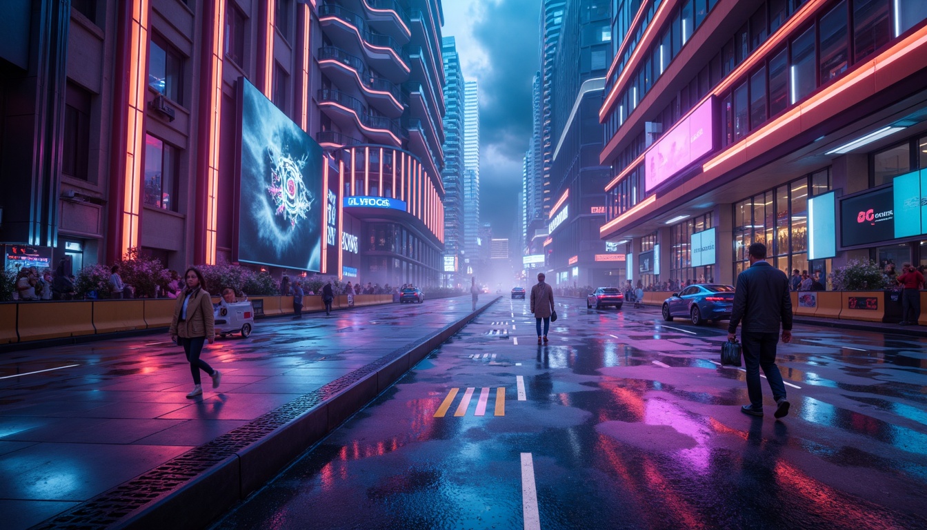 Prompt: Neon-lit cityscape, sleek metallic surfaces, iridescent hues, electric blues, vibrant purples, hot pinks, glowing oranges, luminescent whites, dark shadows, atmospheric fog, futuristic skyscrapers, curved lines, geometric shapes, holographic displays, neon lights, cyberpunk ambiance, high-tech gadgets, robotic elements, space-age feel, retro-futuristic nostalgia, dystopian undertones, cinematic lighting, shallow depth of field, 3/4 composition, panoramic view, realistic textures, ambient occlusion.