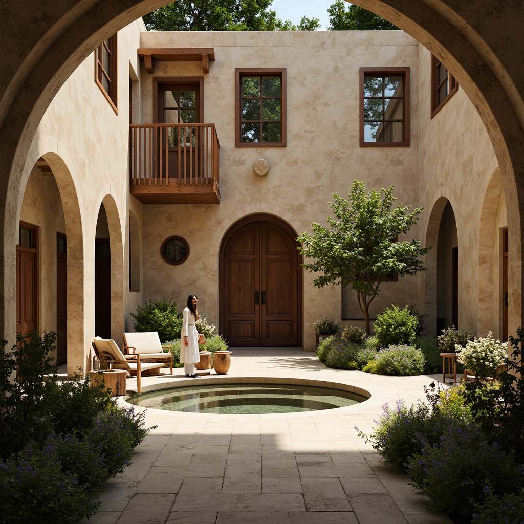 Prompt: Serene monastery courtyard, natural stone walls, rustic wooden doors, stained glass windows, vaulted ceilings, soft warm lighting, gentle shadows, peaceful ambiance, lush greenery, blooming flowers, tranquil water features, subtle misting, warm beige tones, earthy textures, minimalist decor, simple furnishings, contemplative atmosphere, soft focus, shallow depth of field, 1/1 composition, realistic rendering.