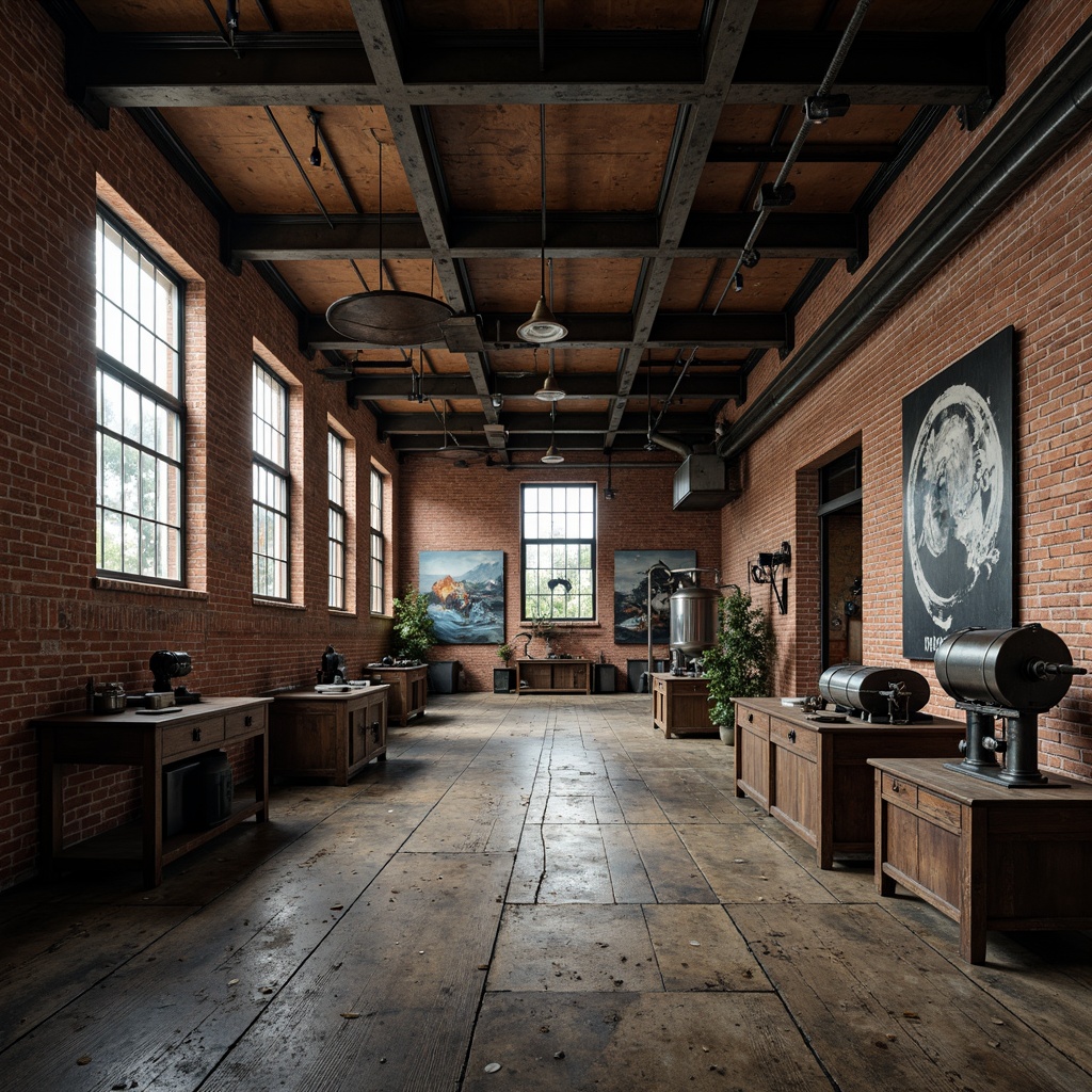 Prompt: Industrial factory setting, exposed brick walls, metal beams, worn wooden floors, vintage machinery, distressed textures, earthy tones, muted colors, rusty reds, weathered blues, faded yellows, industrial greys, urban atmosphere, gritty realism, high contrast lighting, dramatic shadows, cinematic composition, 1/2 camera angle, realistic renderings, ambient occlusion.