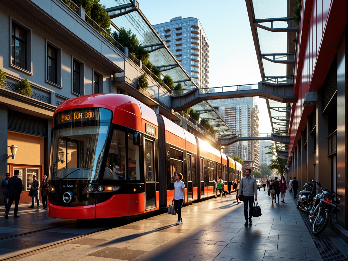 Prompt: Vibrant tram station, bold color schemes, contrasting hues, dynamic lighting effects, futuristic architecture, sleek metal accents, glass roofs, modern signage, urban cityscape, busy pedestrian traffic, rush hour atmosphere, warm golden lighting, shallow depth of field, 1/1 composition, realistic textures, ambient occlusion.