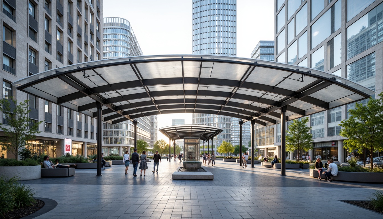 Prompt: Curved bus station canopy, sleek metal framework, transparent glass roofs, modern minimalist architecture, efficient passenger flow, streamlined waiting areas, comfortable seating, real-time information displays, intuitive wayfinding systems, natural stone flooring, urban cityscape, morning commute, soft diffused lighting, shallow depth of field, 1/1 composition, symmetrical framing, realistic reflections.