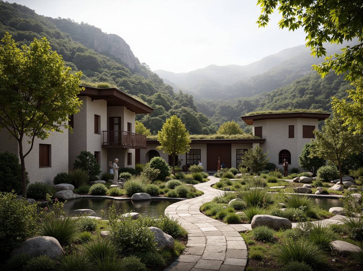 Prompt: Serene monastery courtyard, lush greenery, natural stone walls, wooden accents, rustic doors, tranquil water features, peaceful statues, organic architecture, curved lines, earthy tones, sustainable materials, living roofs, green spaces, misty morning, soft warm lighting, shallow depth of field, 3/4 composition, panoramic view, realistic textures, ambient occlusion, surrounding mountains, rolling hills, meandering paths, scenic overlooks, natural ventilation systems, passive solar design.