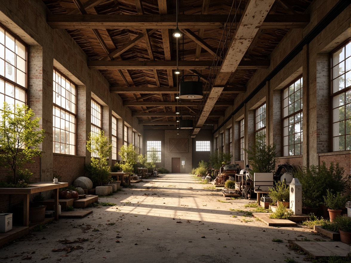 Prompt: Rustic industrial landscape, abandoned factories, distressed brick walls, corrugated metal roofs, worn wooden beams, vintage machinery, urban decay, overgrown vegetation, gritty urban atmosphere, warm golden lighting, shallow depth of field, 1/2 composition, cinematic view, realistic textures, ambient occlusion, nostalgic mood, retro-futuristic elements, exposed ductwork, concrete floors, steel columns, reclaimed wood accents, industrial chic aesthetic.