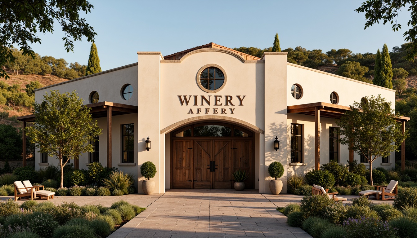 Prompt: Rustic winery facade, Mediterranean-inspired architecture, earthy tones, stone walls, wooden accents, curved lines, ornate metalwork, vineyard surroundings, lush greenery, rolling hills, sunny afternoon, warm golden lighting, shallow depth of field, 1/1 composition, symmetrical view, realistic textures, ambient occlusion, natural materials, reclaimed wood, wrought iron details, elegant signage, sophisticated typography.