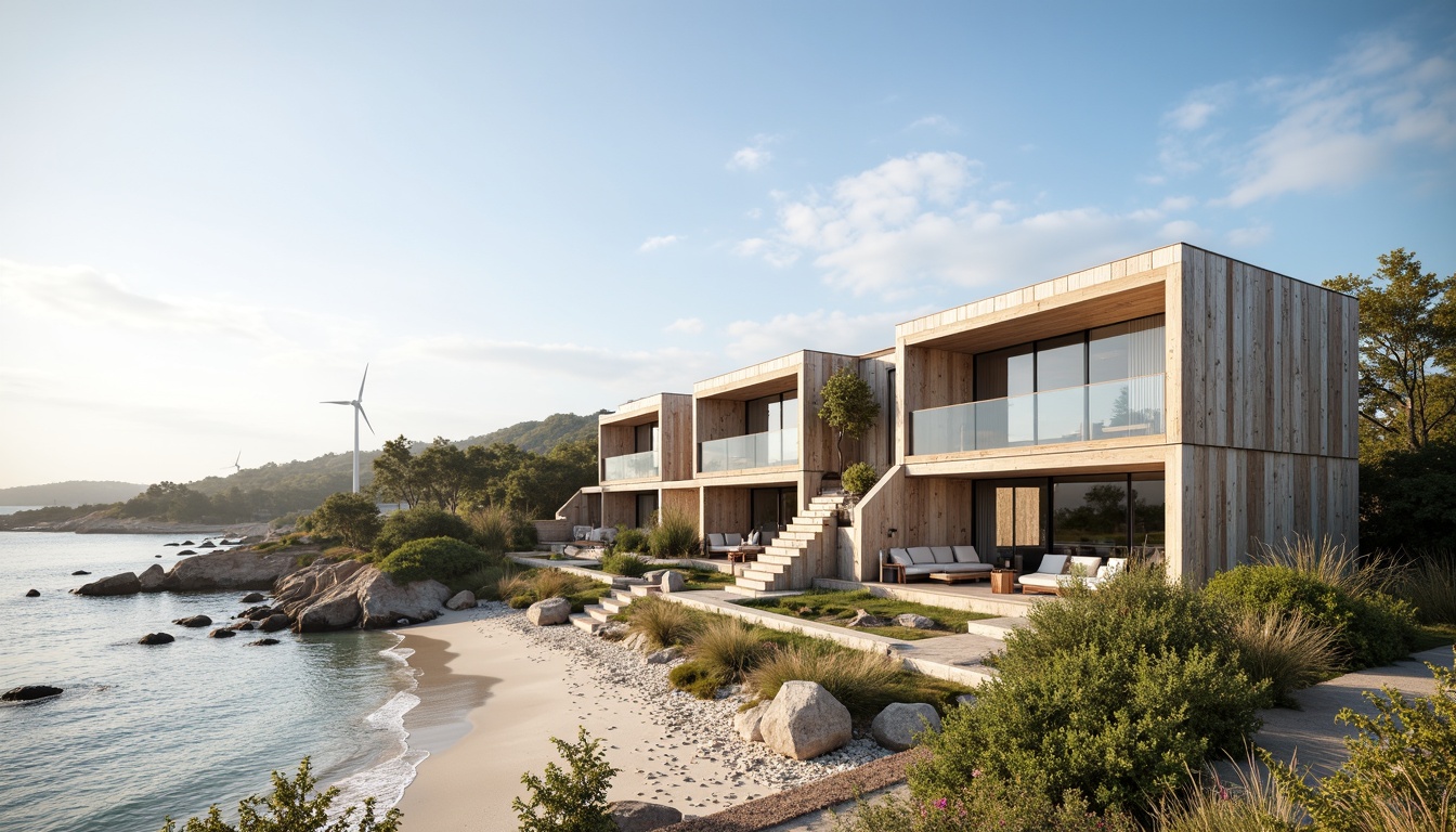 Prompt: Coastal buildings, ocean views, sandy beaches, sea breeze, natural ventilation, large windows, sliding glass doors, outdoor terraces, sustainable materials, recycled wood, low-carbon footprint, energy-efficient systems, solar panels, wind turbines, rainwater harvesting, green roofs, living walls, native plant species, driftwood accents, weathered metal cladding, minimalist design, open floor plans, natural light, soft warm lighting, shallow depth of field, 3/4 composition, panoramic view, realistic textures, ambient occlusion.