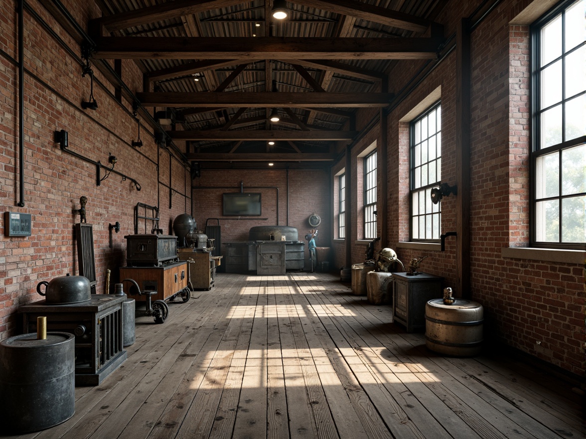 Prompt: Industrial factory setting, exposed brick walls, metal beams, worn wooden floors, vintage machinery, distressed textures, earthy tones, muted colors, rusty reds, weathered blues, faded yellows, industrial greys, urban atmosphere, gritty realism, high contrast lighting, dramatic shadows, cinematic composition, 1/2 camera angle, realistic renderings, ambient occlusion.