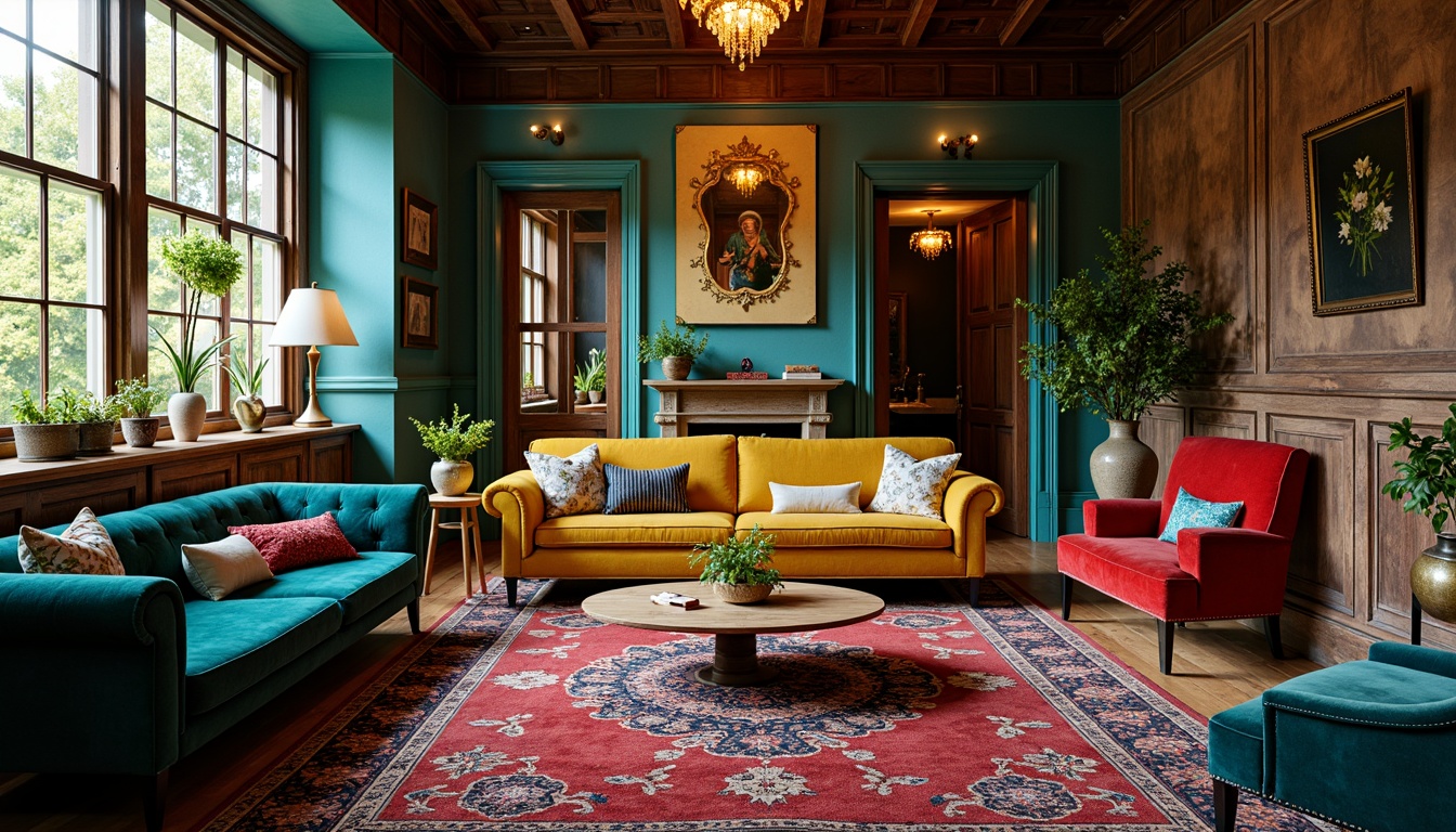 Prompt: Vibrant eclectic interior, rich velvet fabrics, bold patterned rugs, distressed wooden furniture, ornate metal accents, lavish chandeliers, warm golden lighting, soft focus, shallow depth of field, 1/1 composition, realistic textures, ambient occlusion, bohemian-inspired colors, deep blues, emerald greens, mustard yellows, crimson reds, luxurious purples, metallic silvers, rich bronzes.