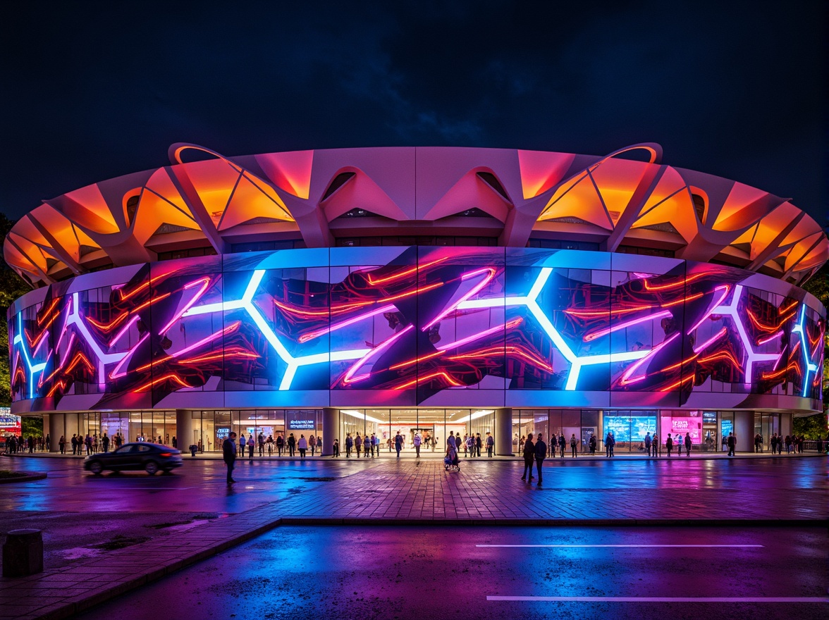 Prompt: Vibrant stadium facade, dynamic curves, bold angular lines, futuristic expressionist architecture, neon-lit LED lights, abstract geometric patterns, irregular shapes, clashing colors, distorted proportions, oversized arches, sweeping cantilevers, dramatic shadows, high-contrast lighting, 1/2 composition, low-angle shot, cinematic atmosphere, realistic materials, ambient occlusion.