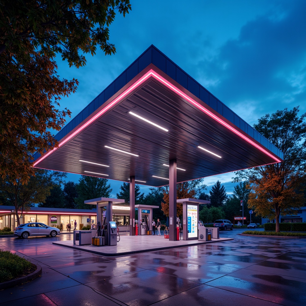 Prompt: Futuristic gas station, neon lights, sleek metal canopy, modern LED signage, gleaming chrome accents, high-gloss concrete floors, minimalist architecture, angular lines, cantilevered rooflines, dynamic color-changing lighting, 3D projection mapping, futuristic fuel pumps, digital display screens, stainless steel fixtures, ambient occlusion, shallow depth of field, 1/1 composition, realistic textures, soft warm glow, evening atmosphere.