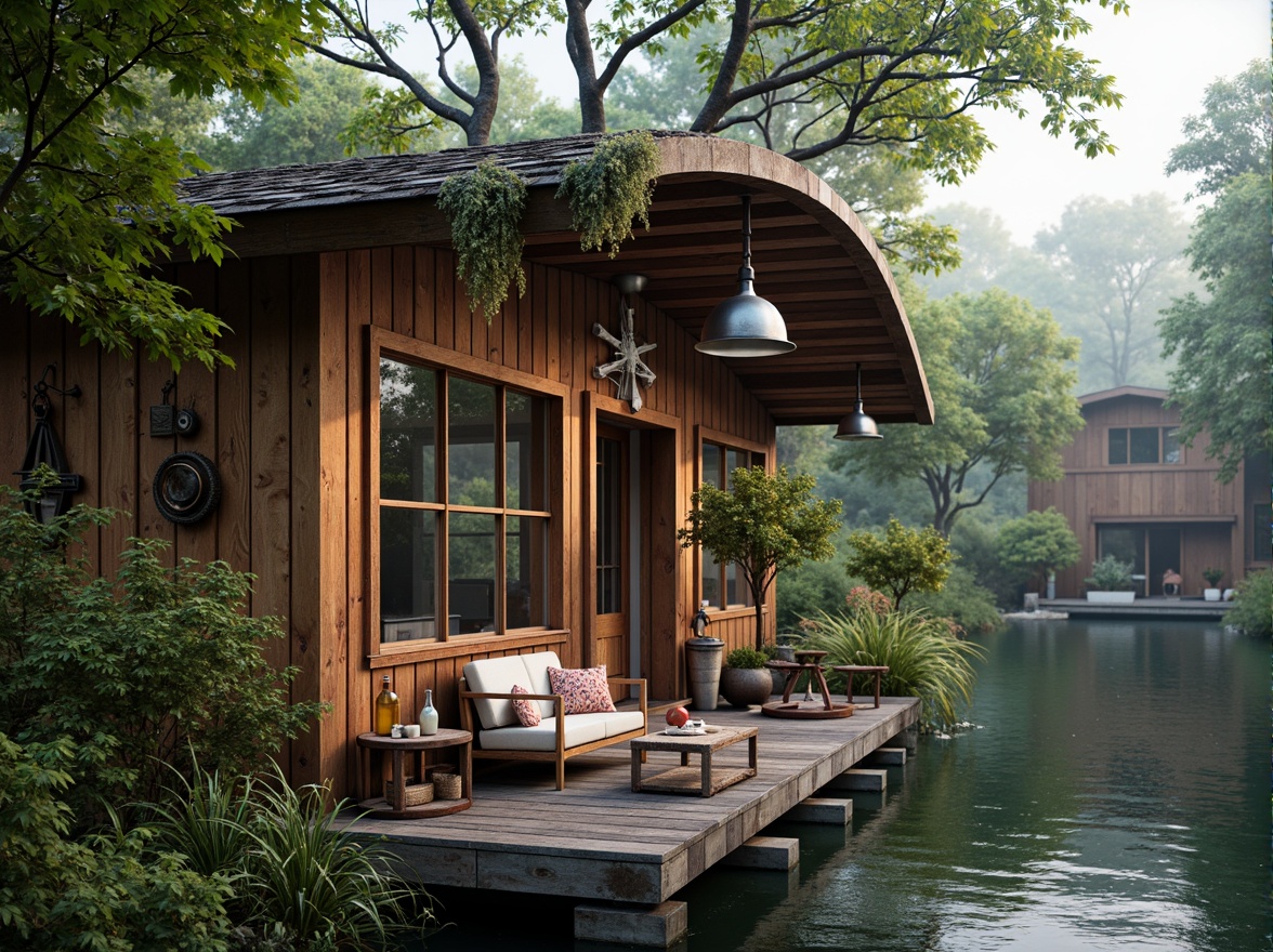 Prompt: Whimsical boathouse, eclectic facade, distressed wood textures, vintage nautical elements, rusty metal accents, colorful glass bottles, woven wicker furniture, lush greenery, overgrown vegetation, misty morning atmosphere, soft warm lighting, shallow depth of field, 1/1 composition, realistic water reflections, ambient occlusion.