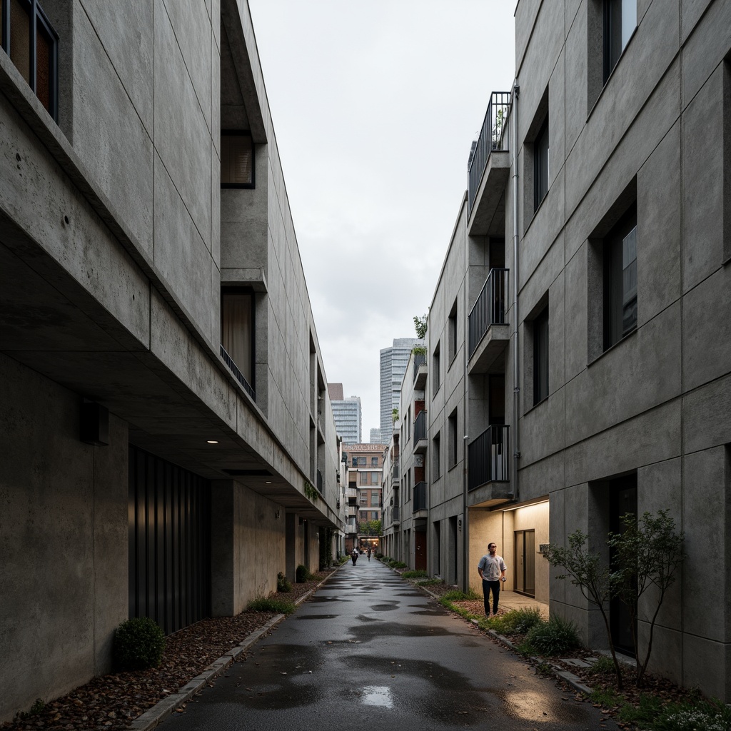 Prompt: Rugged concrete walls, exposed ductwork, industrial pipes, raw steel beams, brutalist architecture, fortress-like structures, monumental scale, geometric shapes, angular lines, minimal ornamentation, functional simplicity, urban landscapes, city skylines, overcast skies, dramatic shadows, high-contrast lighting, 1/1 composition, symmetrical framing, gritty textures, ambient occlusion.