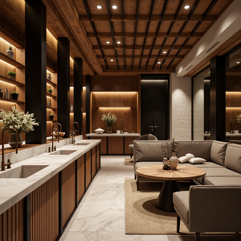 Prompt: Luxurious interior space, rich wood accents, smooth marble countertops, velvety soft upholstery, metallic chrome fixtures, matte black frames, natural stone walls, ambient warm lighting, shallow depth of field, 1/1 composition, realistic textures, subtle reflections.