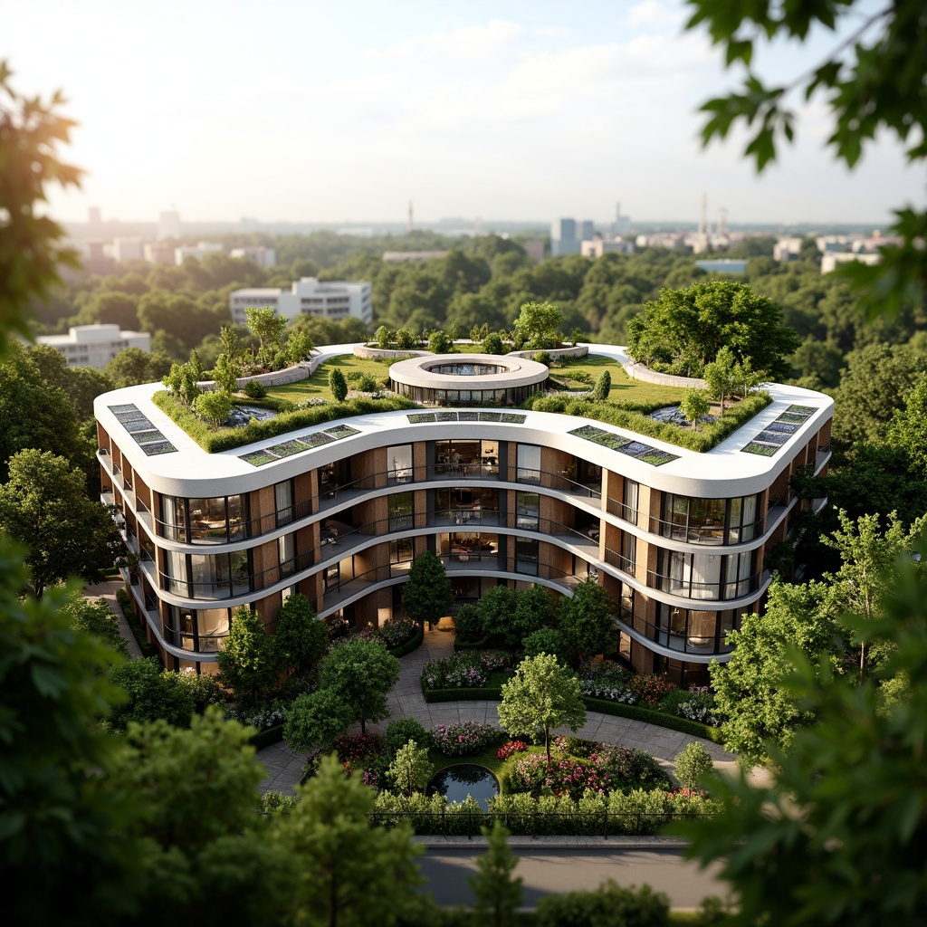 Prompt: Eco-friendly apartment building, curved blob-like shape, green roofs, solar panels, wind turbines, rainwater harvesting systems, recycled materials, natural ventilation, large windows, minimal ornamentation, soft warm lighting, shallow depth of field, 3/4 composition, panoramic view, realistic textures, ambient occlusion, lush greenery, vibrant flowers, urban forest, morning sunlight, gentle breeze, peaceful atmosphere.